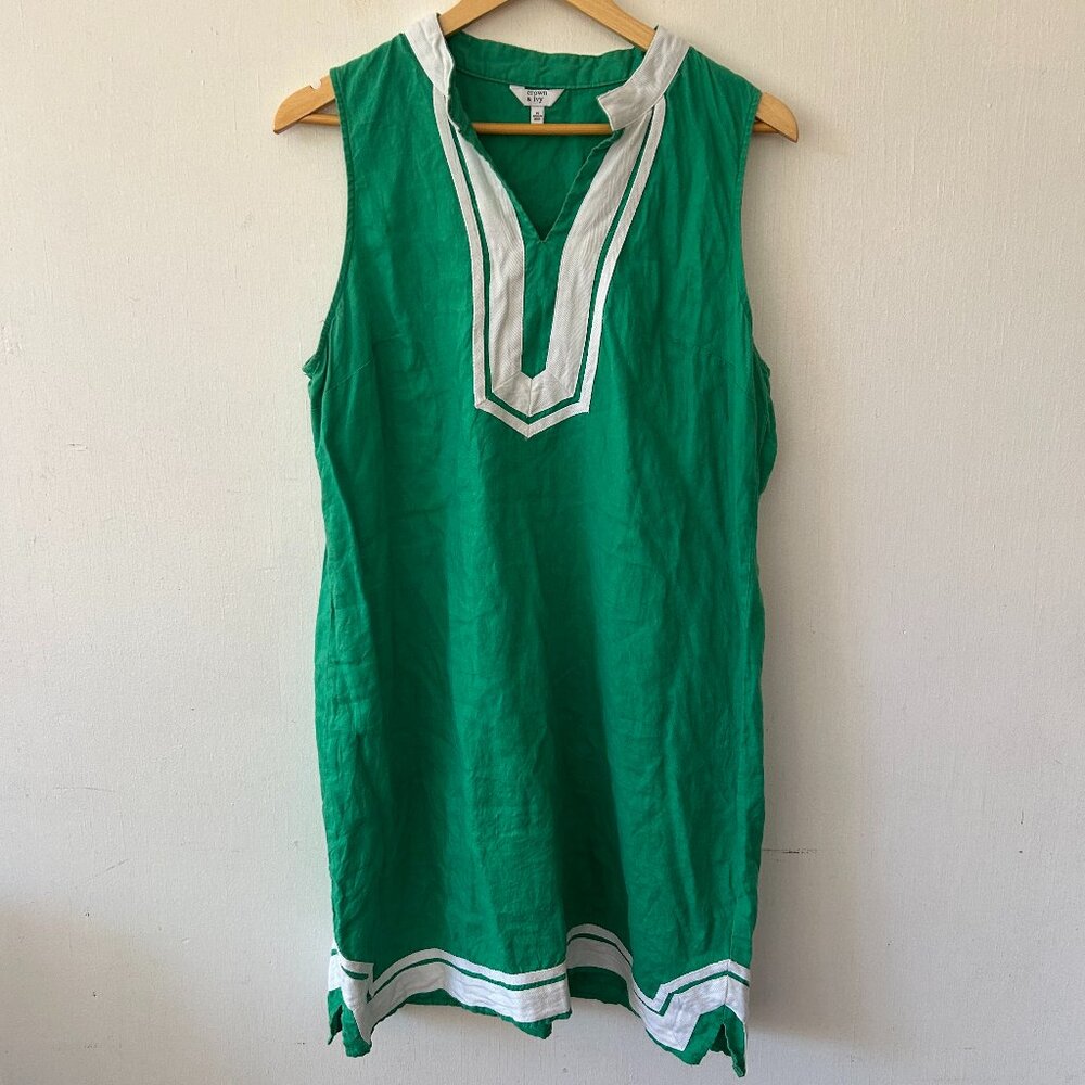 Crown & Ivy‎ Linen Sheath Dress Womens 14 Green Sleeveless V-neck Preppy Resort